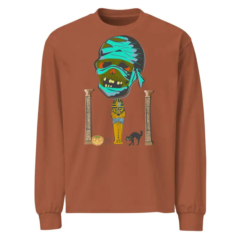 Brown premium long sleeve shirt featuring mummy mystique graphic for relaxed fit style