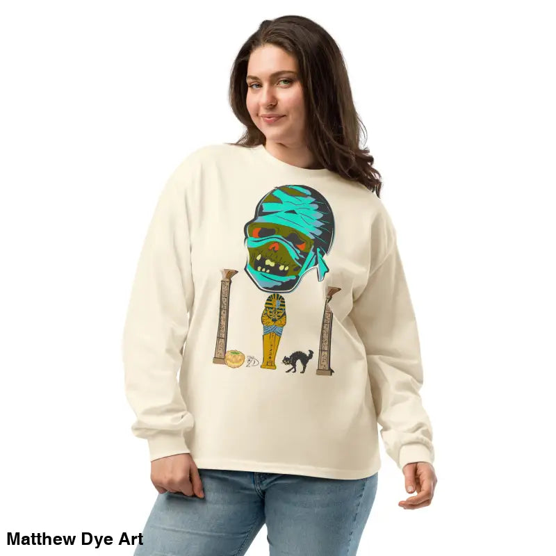Beige premium long sleeve sweatshirt featuring mummy mystique graphic in relaxed fit