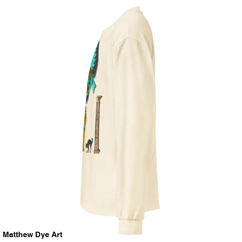 Beige premium long sleeve shirt featuring Egyptian graphics evokes mummy mystique
