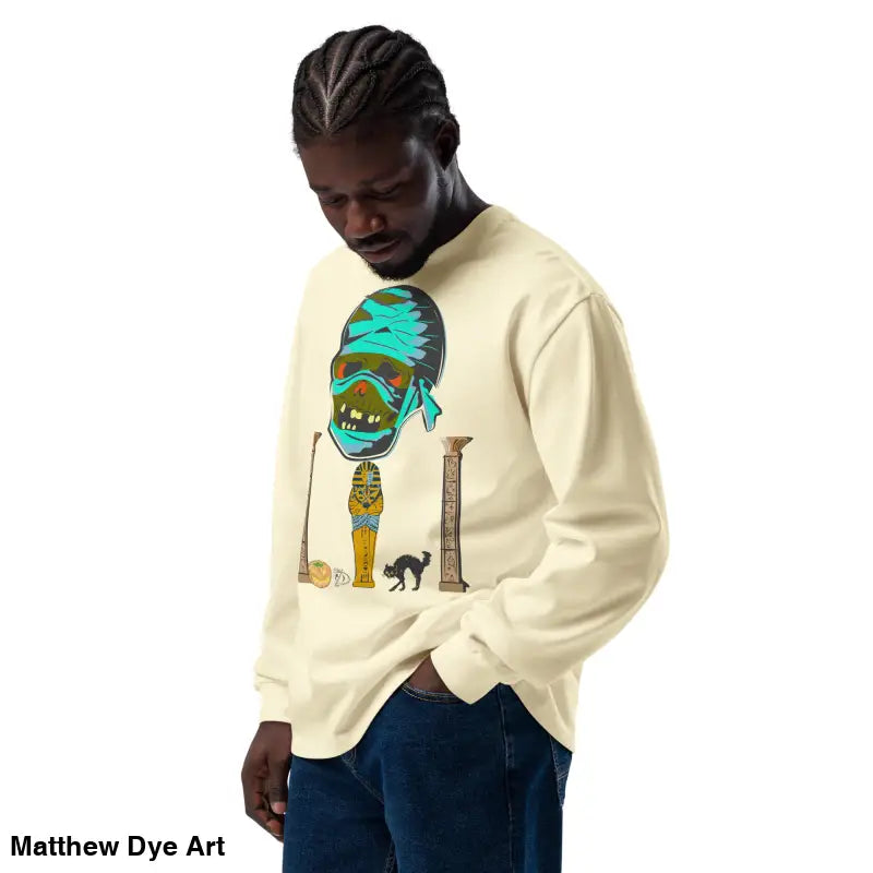 Beige premium long sleeve sweatshirt featuring mummy mystique graphic design