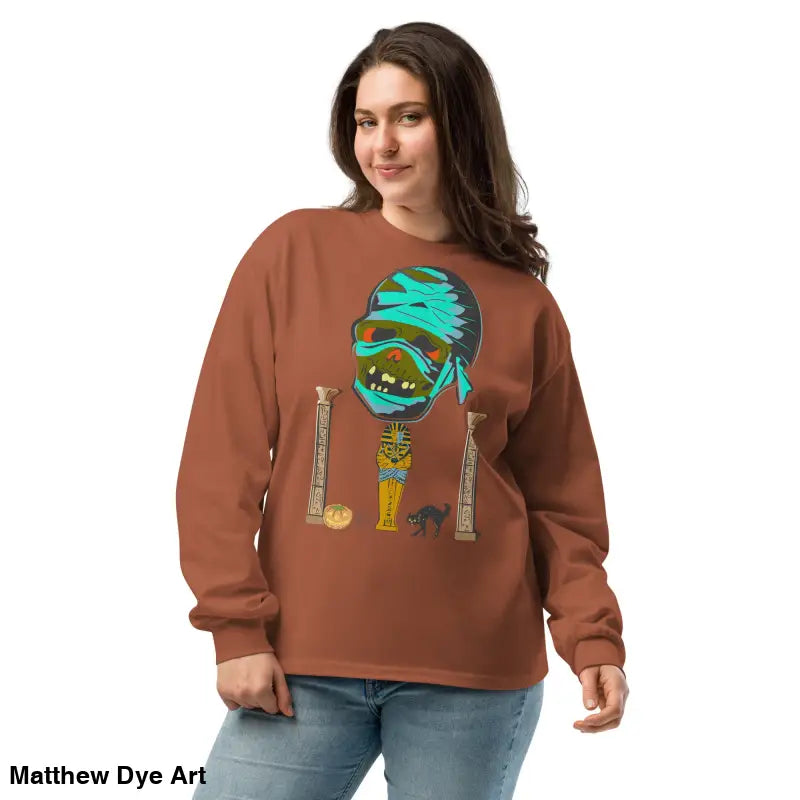 Brown premium long sleeve sweatshirt featuring mummy mystique graphic for relaxed fit
