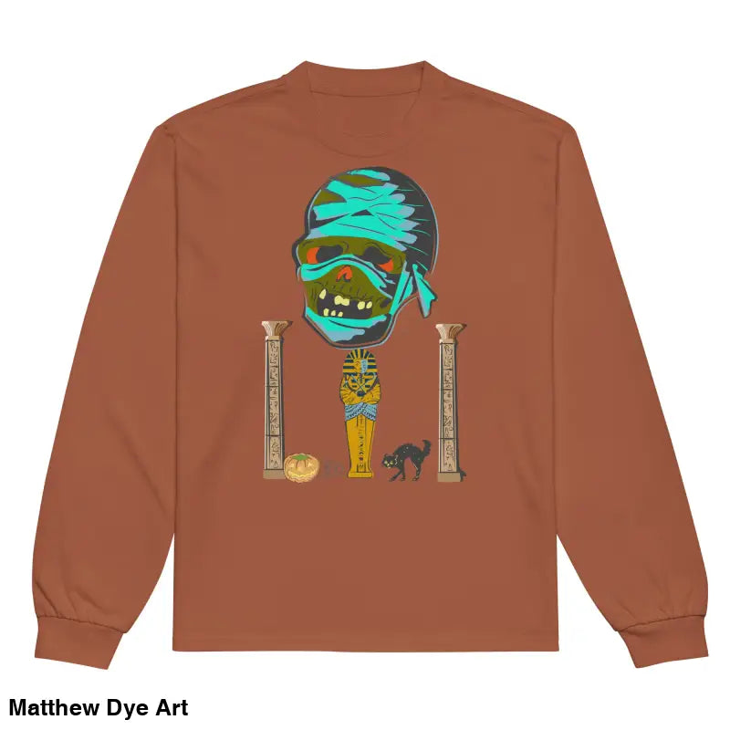 Brown premium long sleeve shirt featuring relaxed fit mummy graphic art