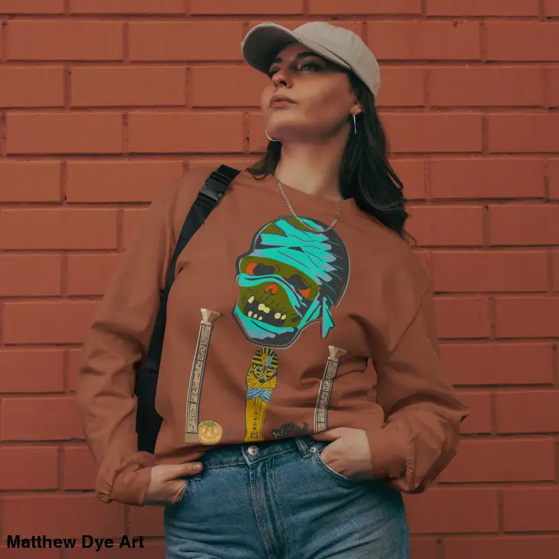 Brown sweatshirt featuring a mummy graphic, perfect for a relaxed fit and premium long sleeve style