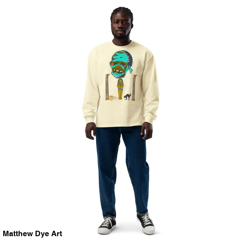 Man in premium long sleeve sweatshirt showcasing mummy mystique design