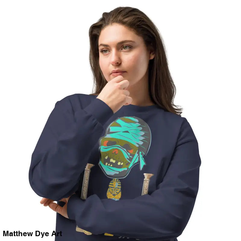 Navy premium long sleeve shirt featuring mummy mystique graphic in relaxed fit design