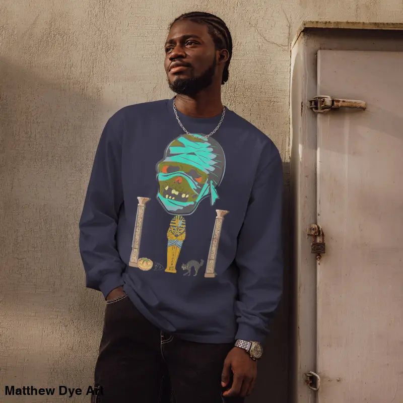 Navy blue premium long sleeve sweatshirt featuring relaxed fit Mummy mystique design