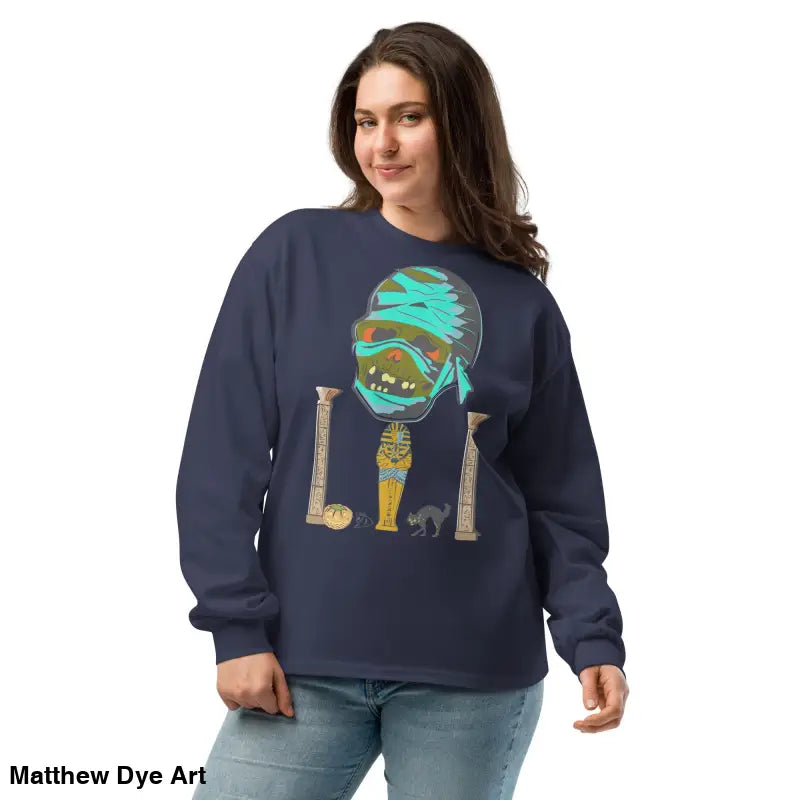 Navy blue premium long sleeve sweatshirt featuring relaxed fit and mummy mystique design
