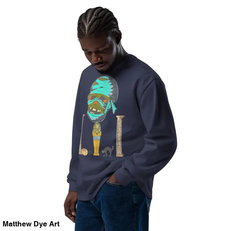 Navy blue premium long sleeve sweatshirt featuring Egyptian mummy mystique graphic