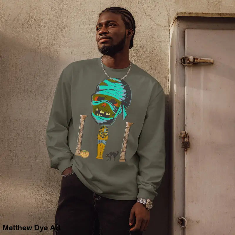 Olive green premium long sleeve sweatshirt featuring relaxed fit mummy mystique art