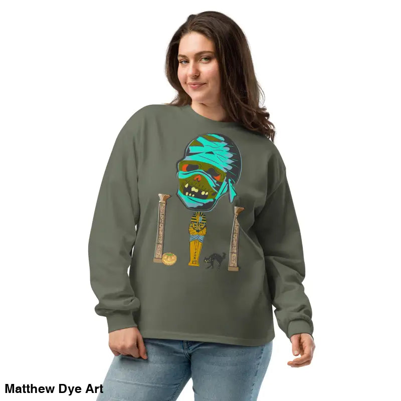 Olive green premium long sleeve sweatshirt featuring mummy mystique graphic design