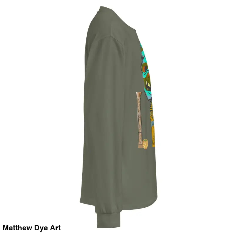 Olive green premium long sleeve shirt featuring relaxed fit and mummy mystique design