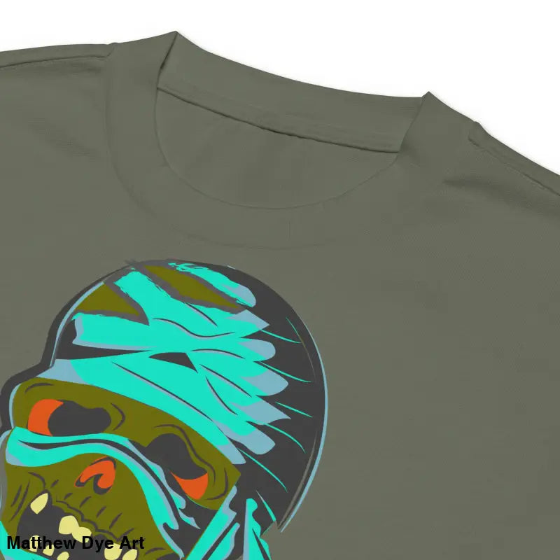 Olive green premium long sleeve t-shirt featuring mummy mystique graphic design