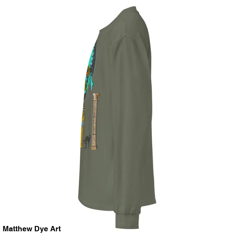 Olive green premium long sleeve shirt featuring a mummy mystique Egyptian design