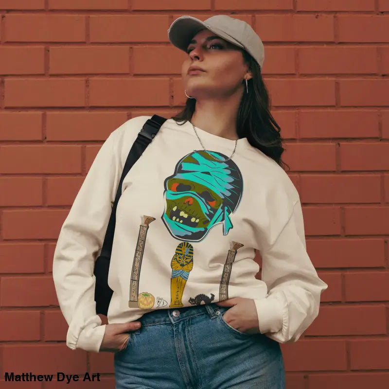 Premium long sleeve sweatshirt featuring mummy mystique design for relaxed fit