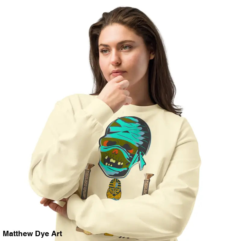 Premium long sleeve sweatshirt featuring relaxed fit and captivating mummy mystique design