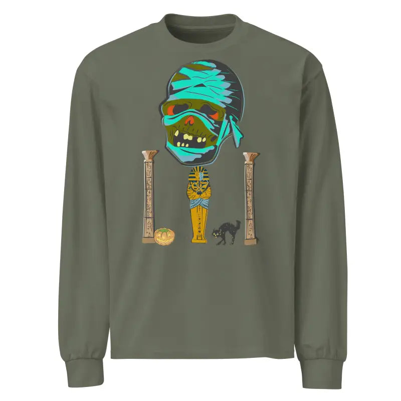 Olive green premium long sleeve shirt featuring mummy mystique graphic for relaxed fit