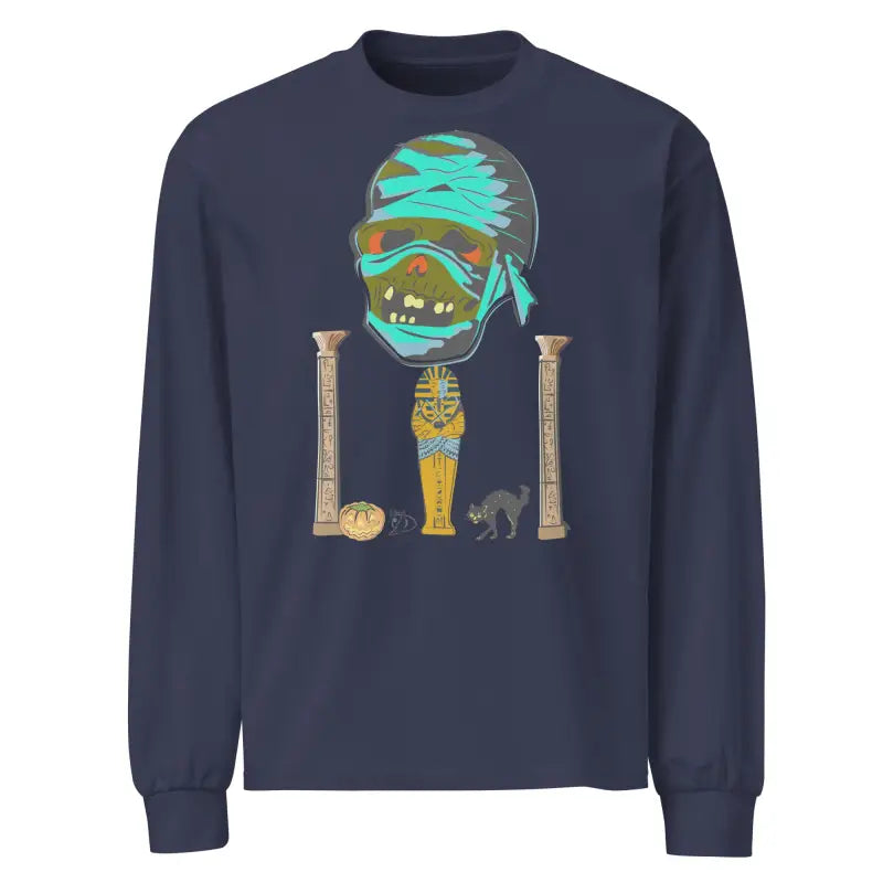 Navy blue premium long sleeve shirt featuring relaxed fit and mummy mystique graphic