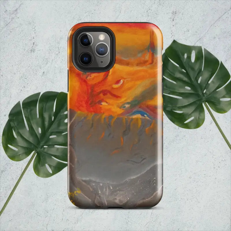 Orange and gray abstract art tough case for iPhone with triple camera cutout
