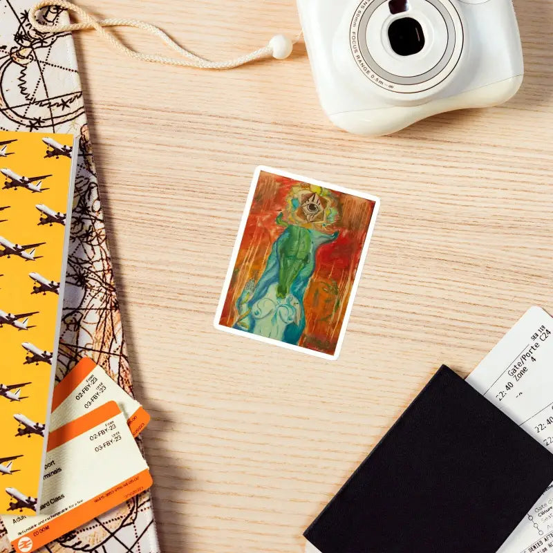 Art card of The Priestess in green hues, embodying enigmatic beauty against orange backdrop