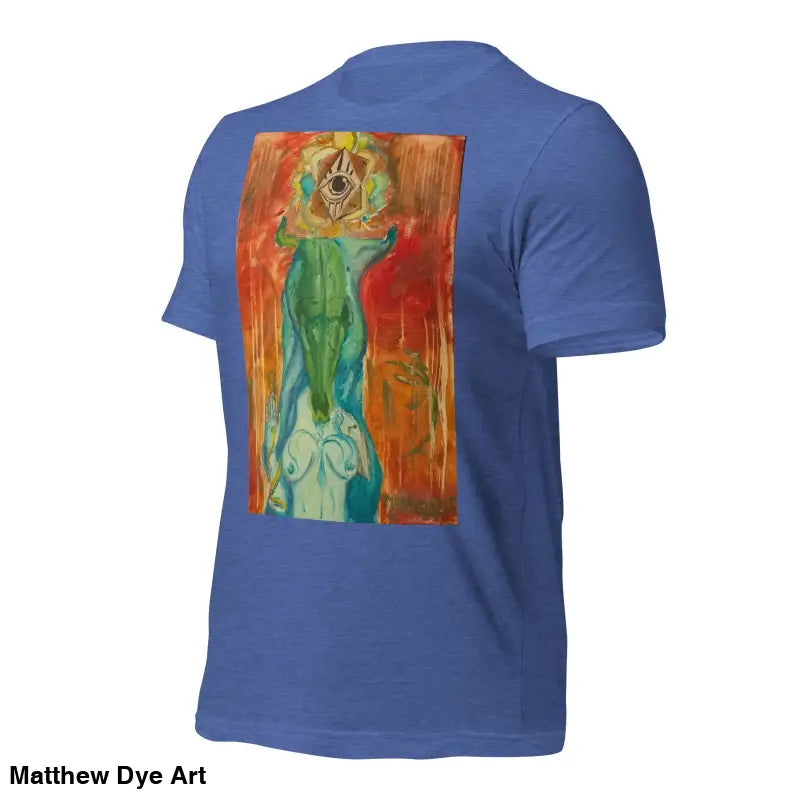 Blue unisex jersey t-shirt featuring abstract feminine power art design by The Priestess