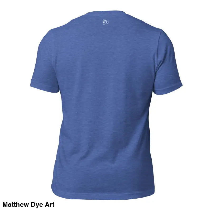 Blue crew neck t-shirt back view of The Priestess Unisex Cotton Jersey T-Shirt, Feminine Power Art