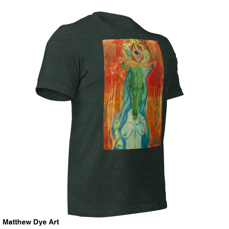 Dark green unisex jersey t-shirt features abstract feminine power art in watercolor style