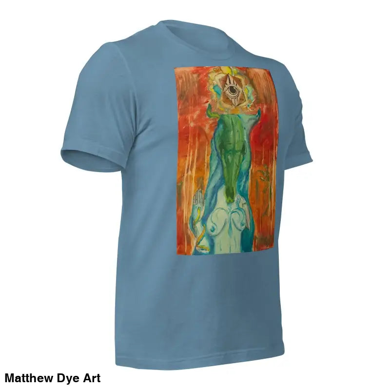 Light blue t-shirt featuring artistic green and orange print, The Priestess Unisex Cotton Jersey T-Shirt