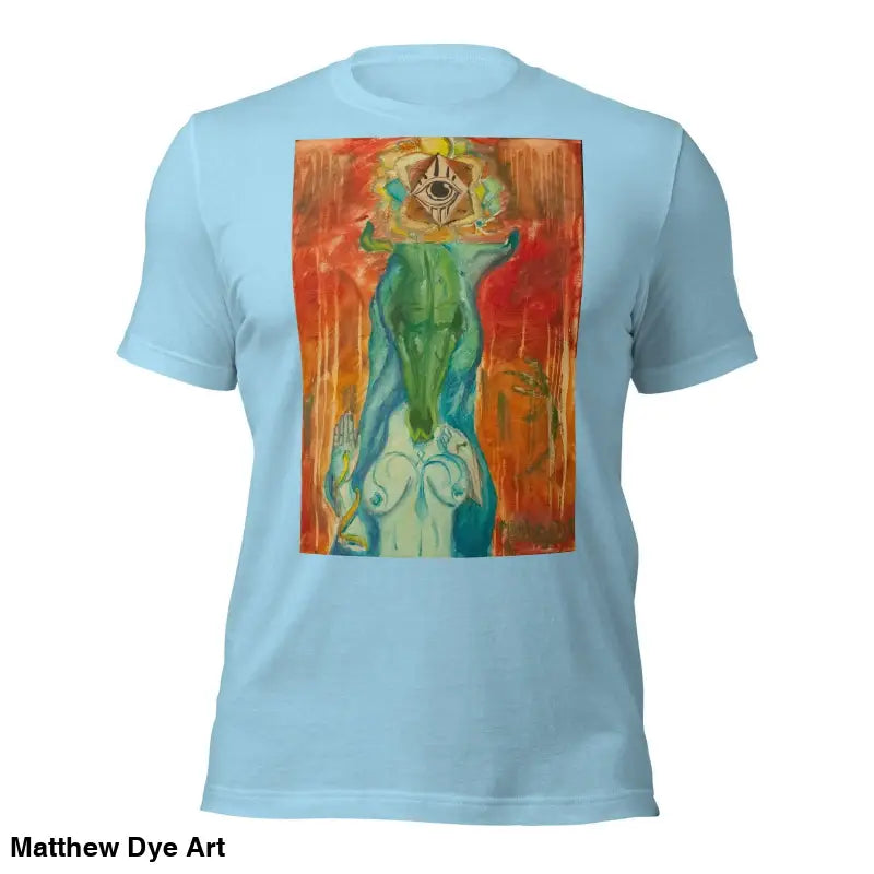 Light blue t-shirt with abstract print in green and orange from The Priestess Unisex Cotton Jersey T-Shirt