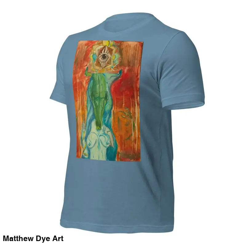 Light blue unisex jersey t-shirt featuring abstract feminine power art in vibrant colors