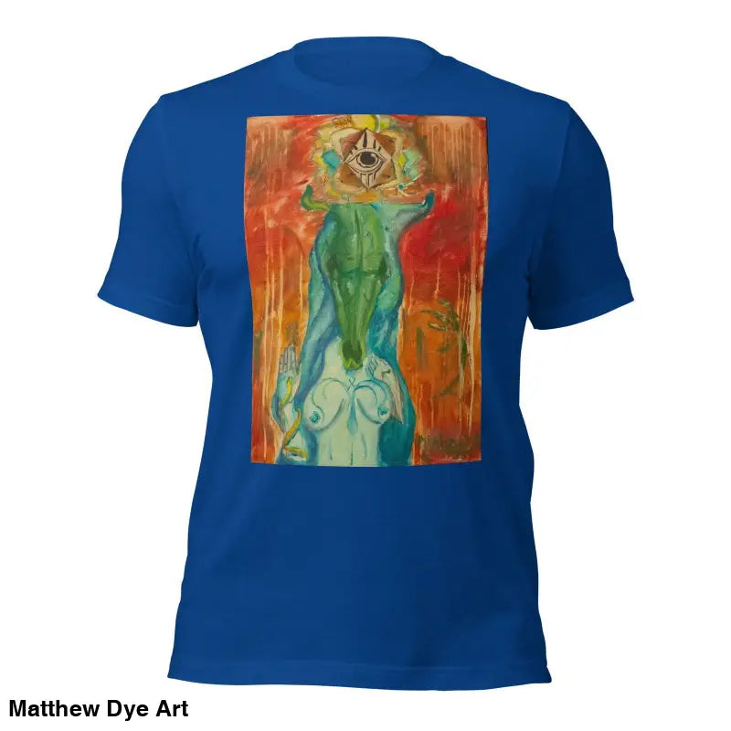 Royal blue The Priestess Unisex Cotton Jersey T-Shirt featuring feminine power art design
