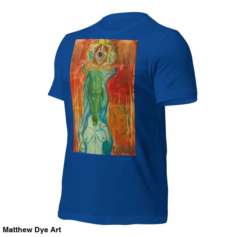 Royal blue unisex jersey t-shirt featuring abstract feminine power art print on back