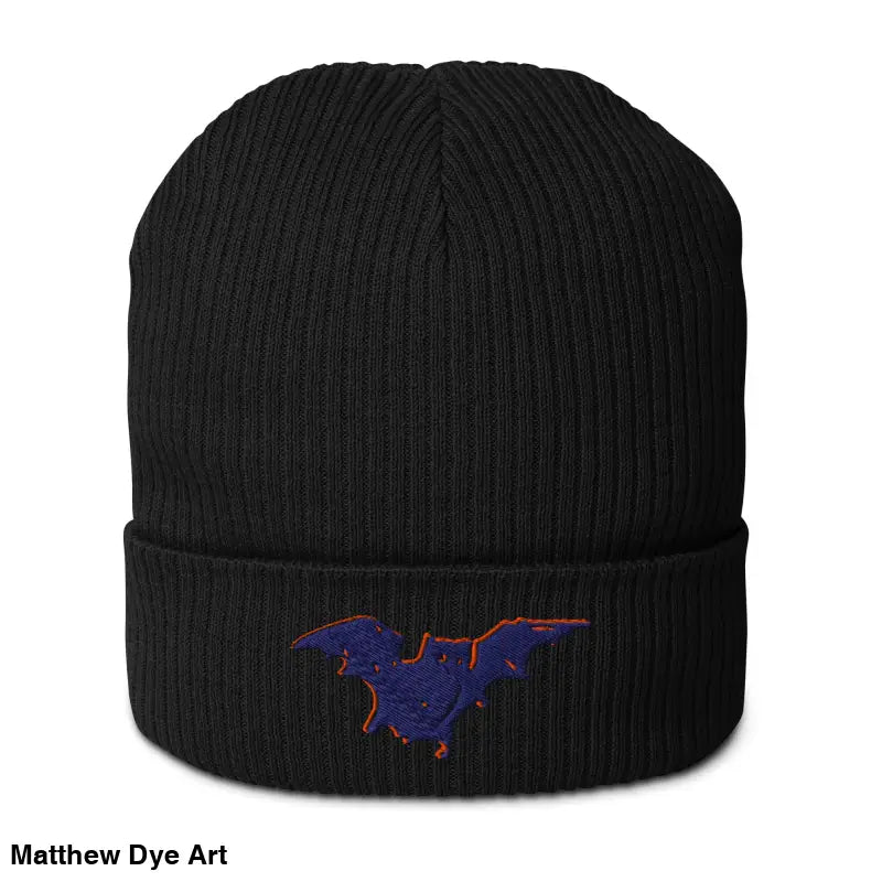 Black knit beanie with bat emblem, ideal for Bat Baby lovers, warm and eco-friendly