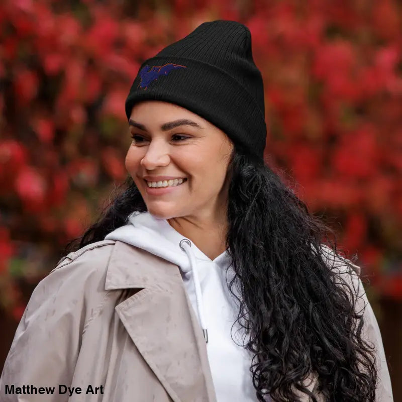 Black knit Bat Baby Beanie features an embroidered design, ideal for autumn and Halloween