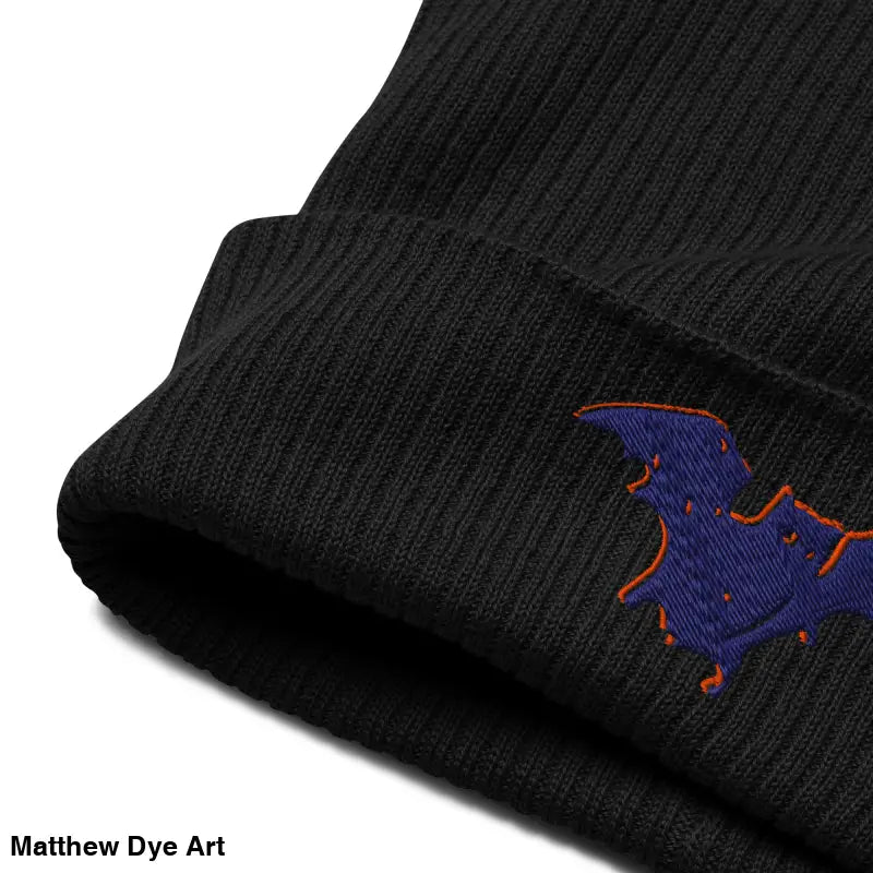 Black knit beanie with bat design, perfect as a cozy, warm accessory for autumn and Halloween