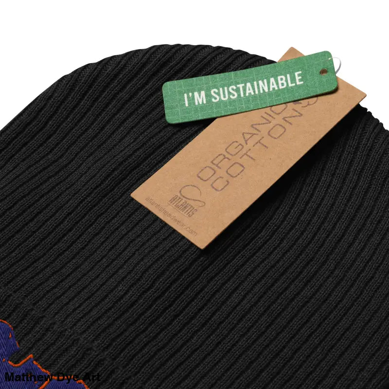 Black ribbed knit beanie with tags, Bat Baby, organic ribbed beanie for autumn and Halloween