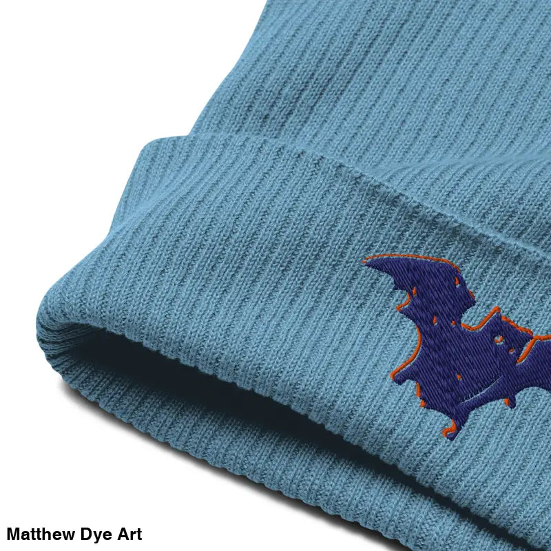 Blue knit Bat Baby Beanie with bat embroidery, comfortable and warm for autumn and Halloween