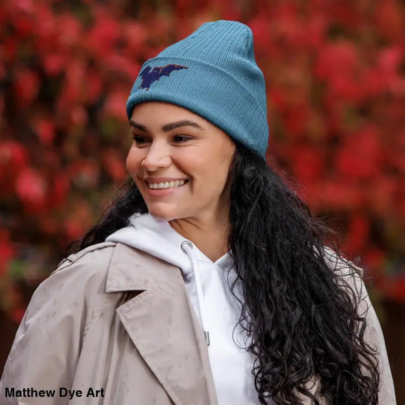 Blue knit Bat Baby Beanie, an organic ribbed beanie for autumn and Halloween, comfortable and warm