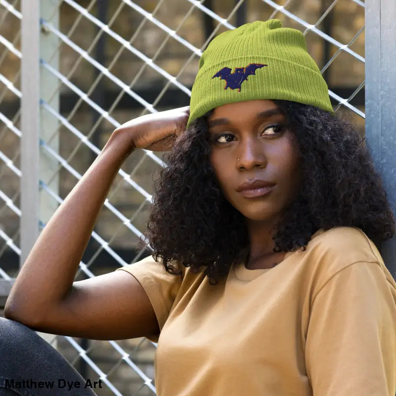 Green Bat Baby Beanie, an organic ribbed beanie for autumn and Halloween, cozy and warm