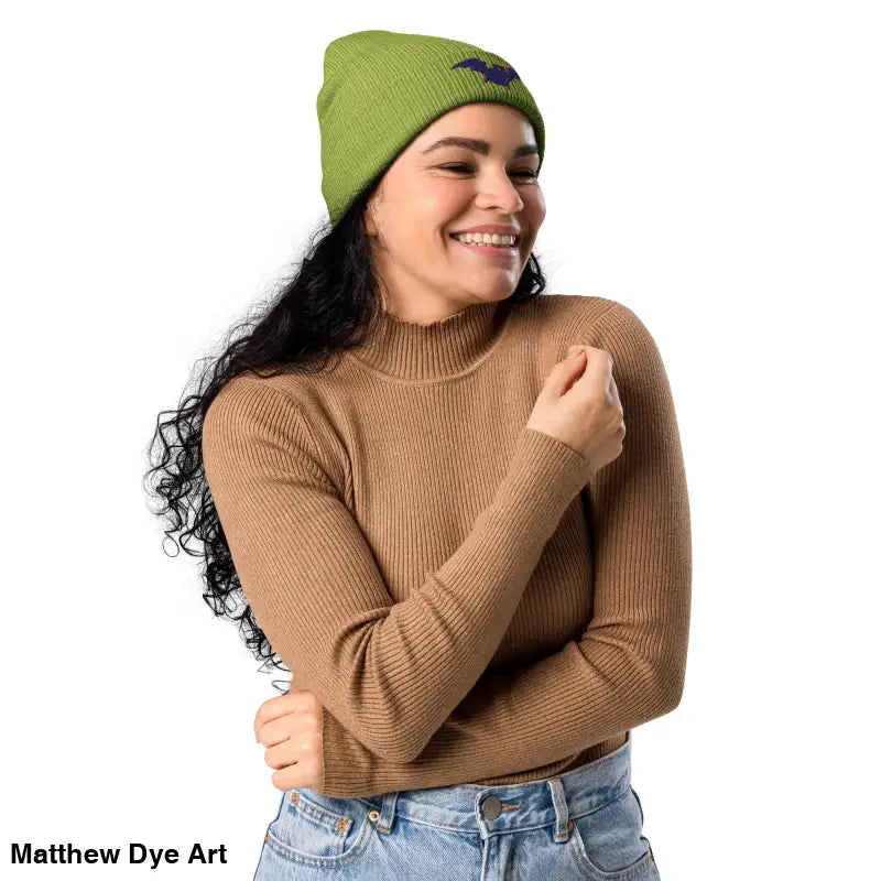 Green Bat Baby Beanie, an organic ribbed beanie for autumn and Halloween, cozy and warm