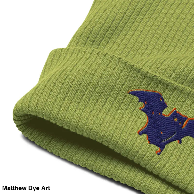 Green knit bat baby beanie with embroidery, perfect for autumn and Halloween warmth