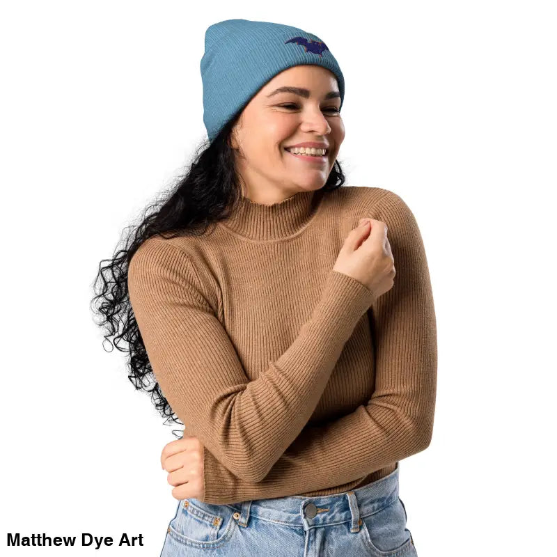 Light blue organic ribbed beanie for autumn and Halloween featuring a bat design