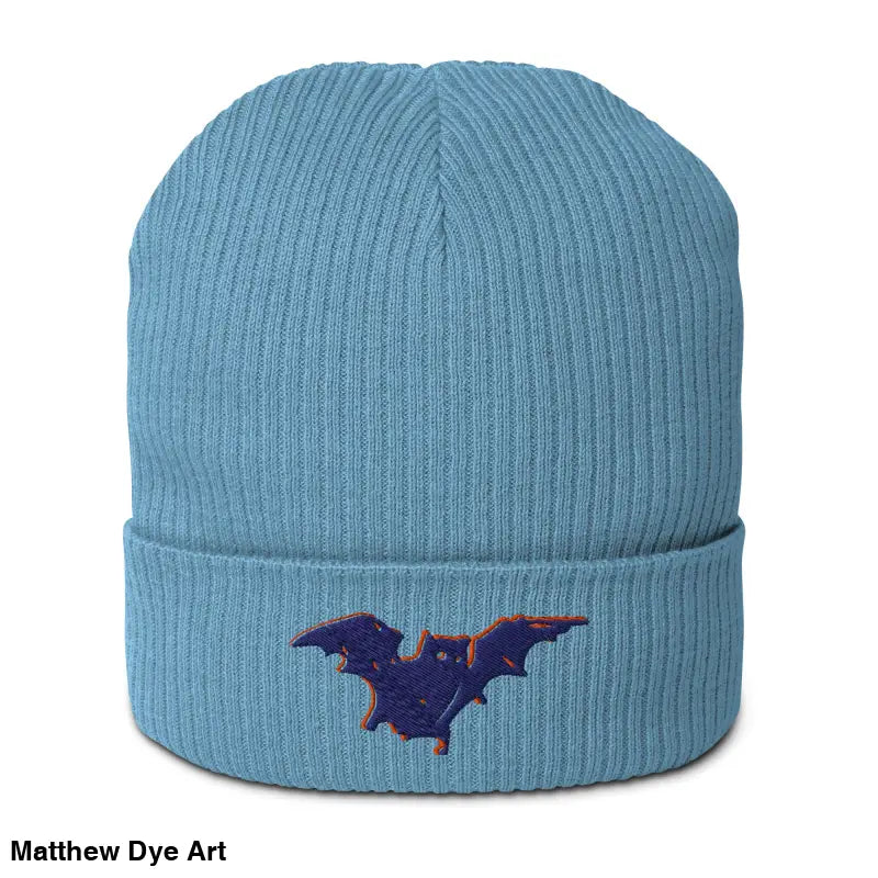 Light blue knit beanie with bat design, perfect for a cozy and warm Halloween