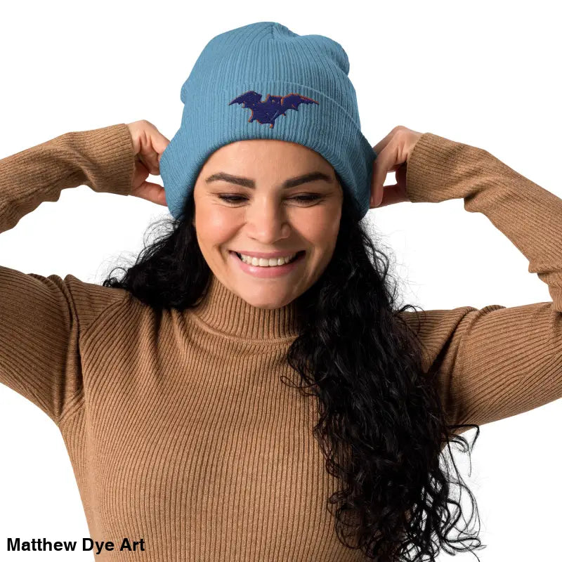 Light blue ribbed beanie with bat design, an organic beanie for autumn and Halloween