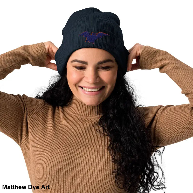 Navy Bat Baby Beanie, an organic ribbed beanie for autumn and Halloween, offers comfort and warmth