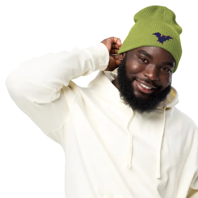 Green Bat Baby Beanie, an organic ribbed beanie for autumn and Halloween, comfortable and warm