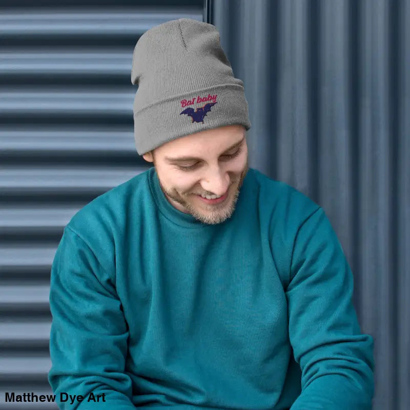 Gray beanie adorned with bat design from the Bat Baby embroidered collection