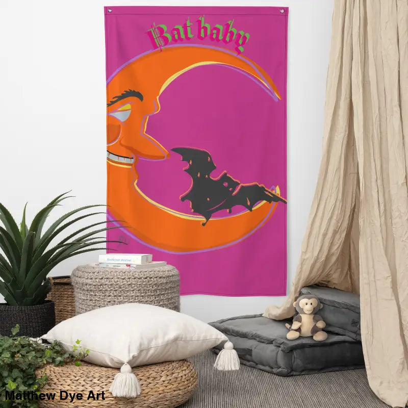 Halloween-themed wall tapestry featuring Bat Baby flag for a whimsical Halloween haven