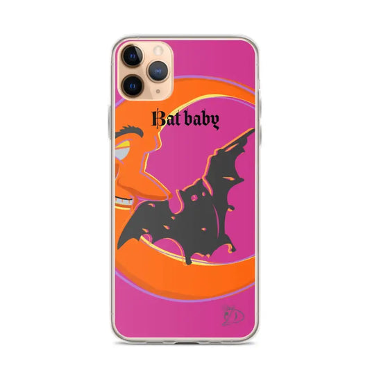 Whimsical Bat Baby iPhone Case showcasing a Halloween design in orange and pink