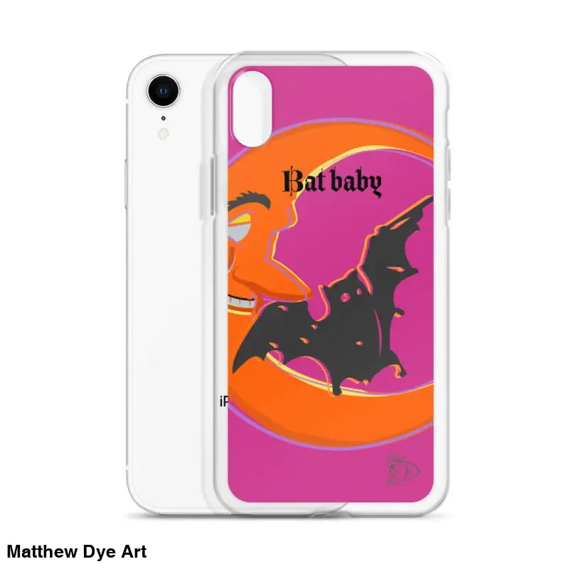 Whimsical Bat Baby iPhone Case showcasing bat silhouette on orange crescent moon backdrop