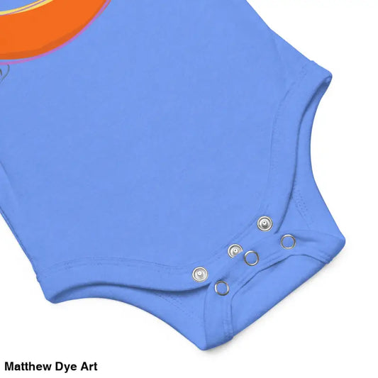Blue cotton baby onesie with snap closures featuring playful retro design of Bat Baby